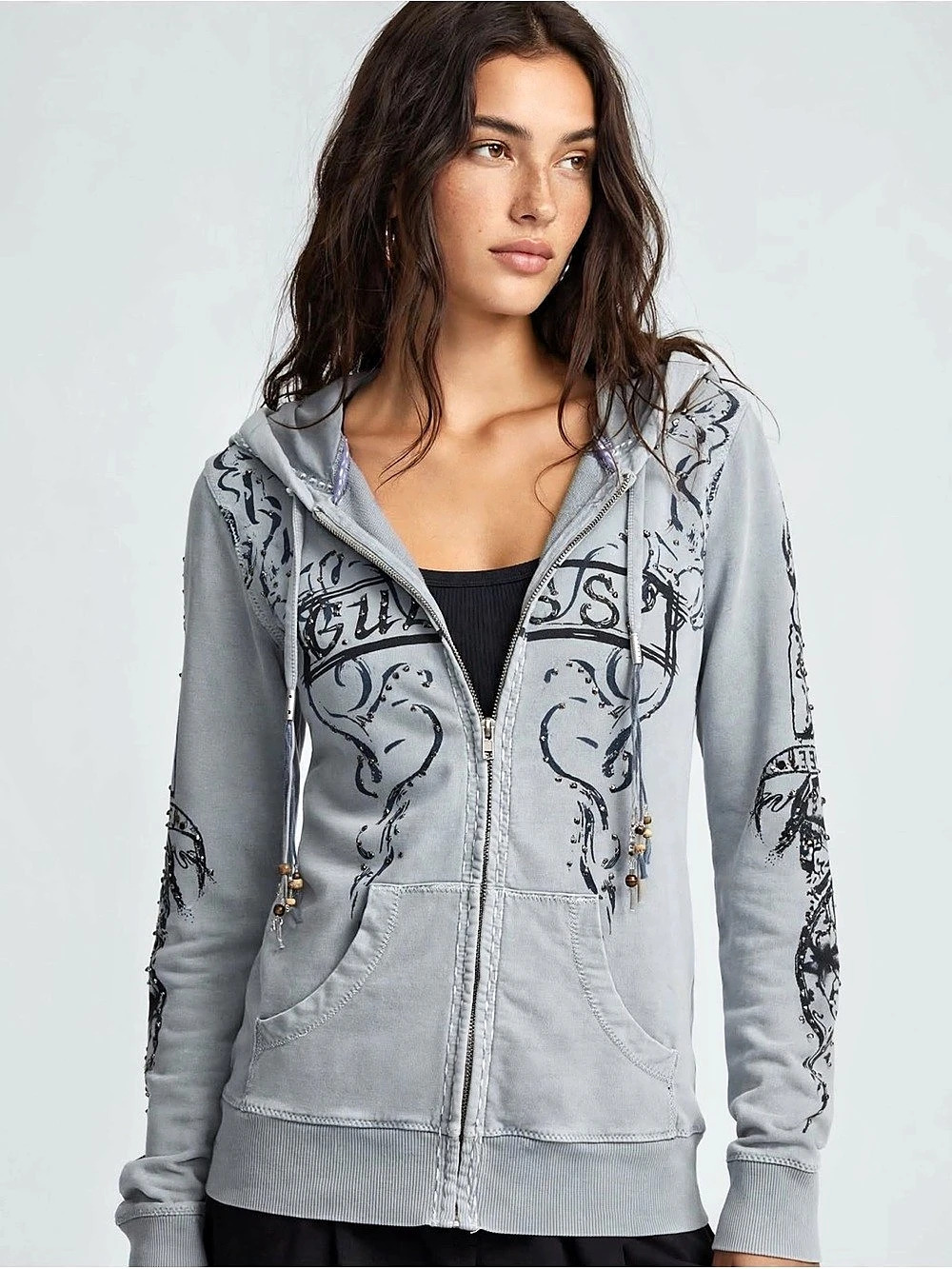 Vintage Y2K GUESS Los Angeles Tattoo Graphic Zip-Up Hoodie - Size L Rhinestone G